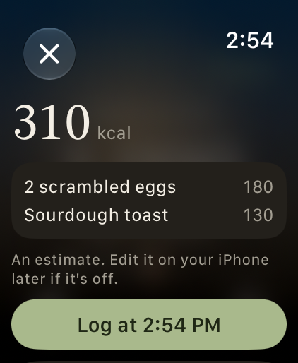 KeepEatClean Apple Watch say what you ate. screen with sample data.